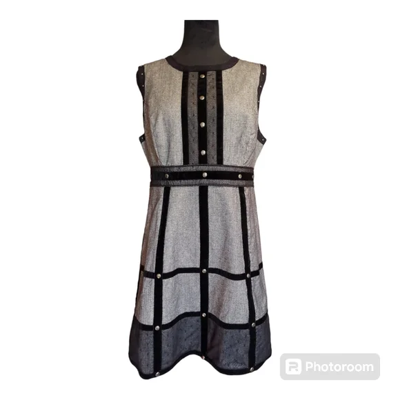 Anna Sui for Target Black & Grey Herringbone Studded Cage Mini Dress Size 13 - Picture 2 of 12